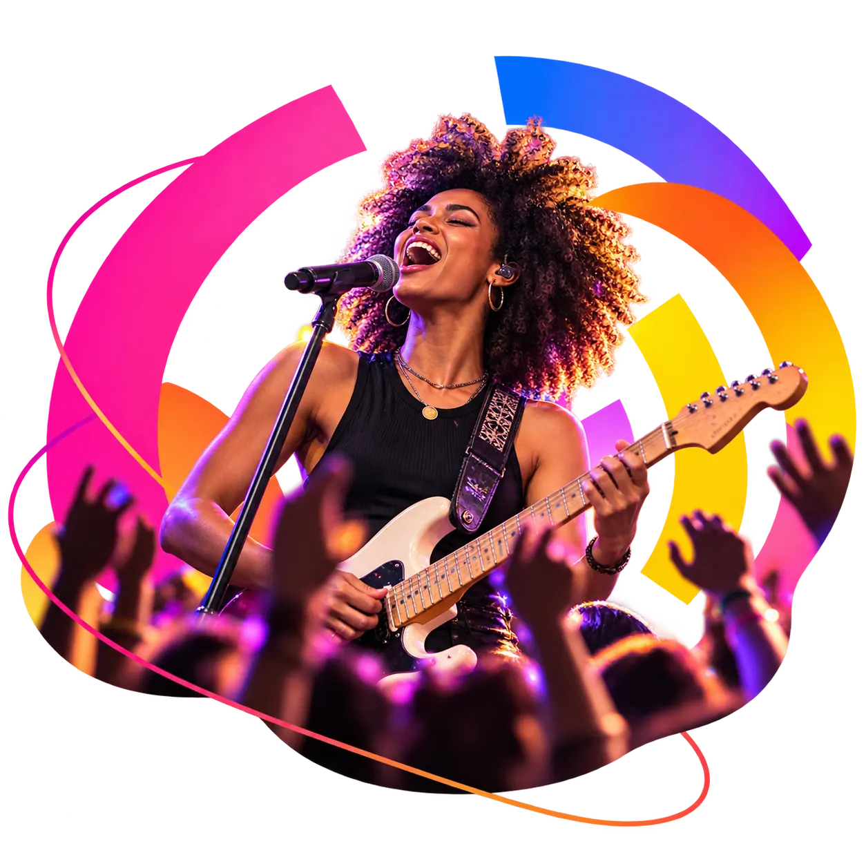 Une chanteuse joue de la guitare, portée par la foule.