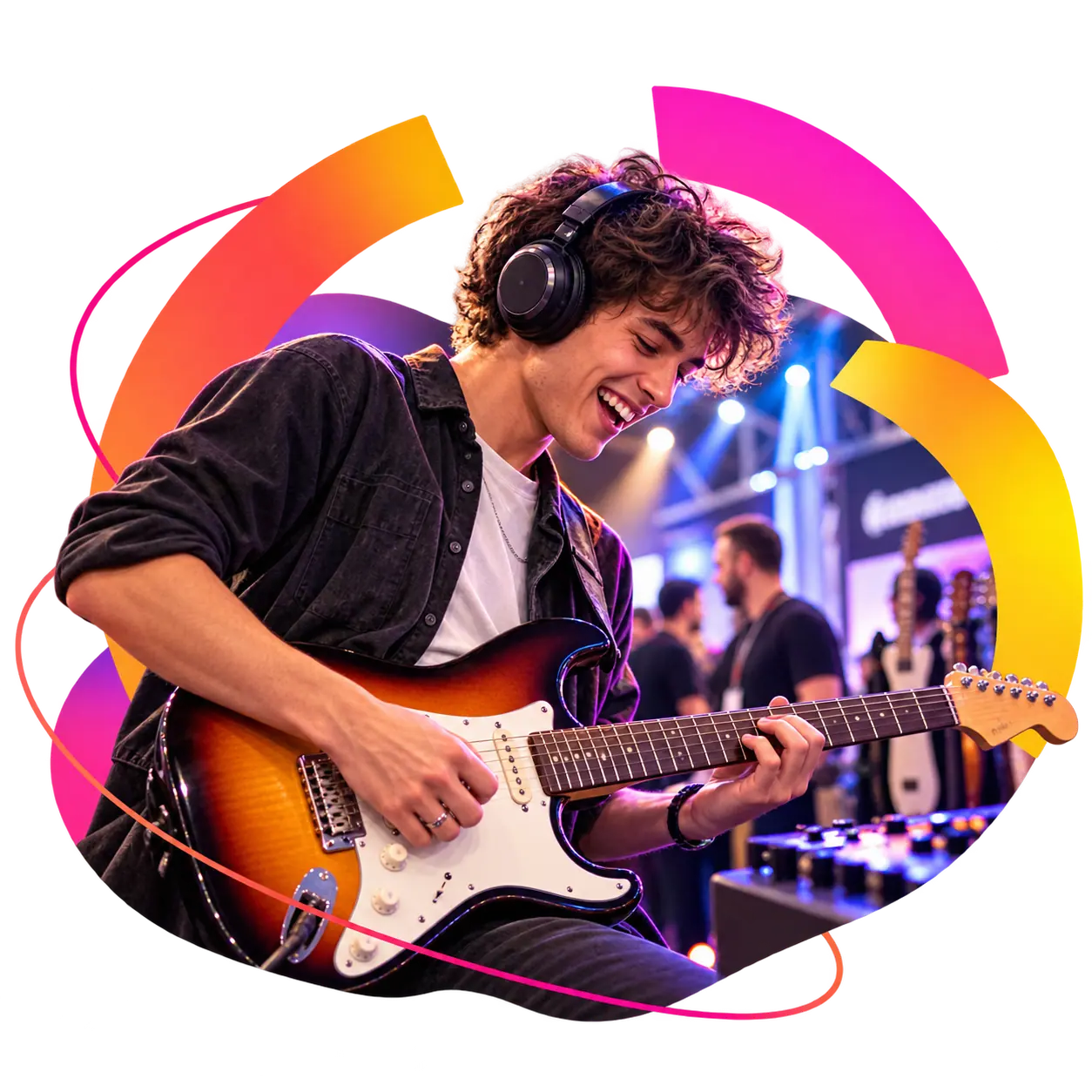 Un jeune guitariste au casque, souriant, joue d’une guitare électrique.