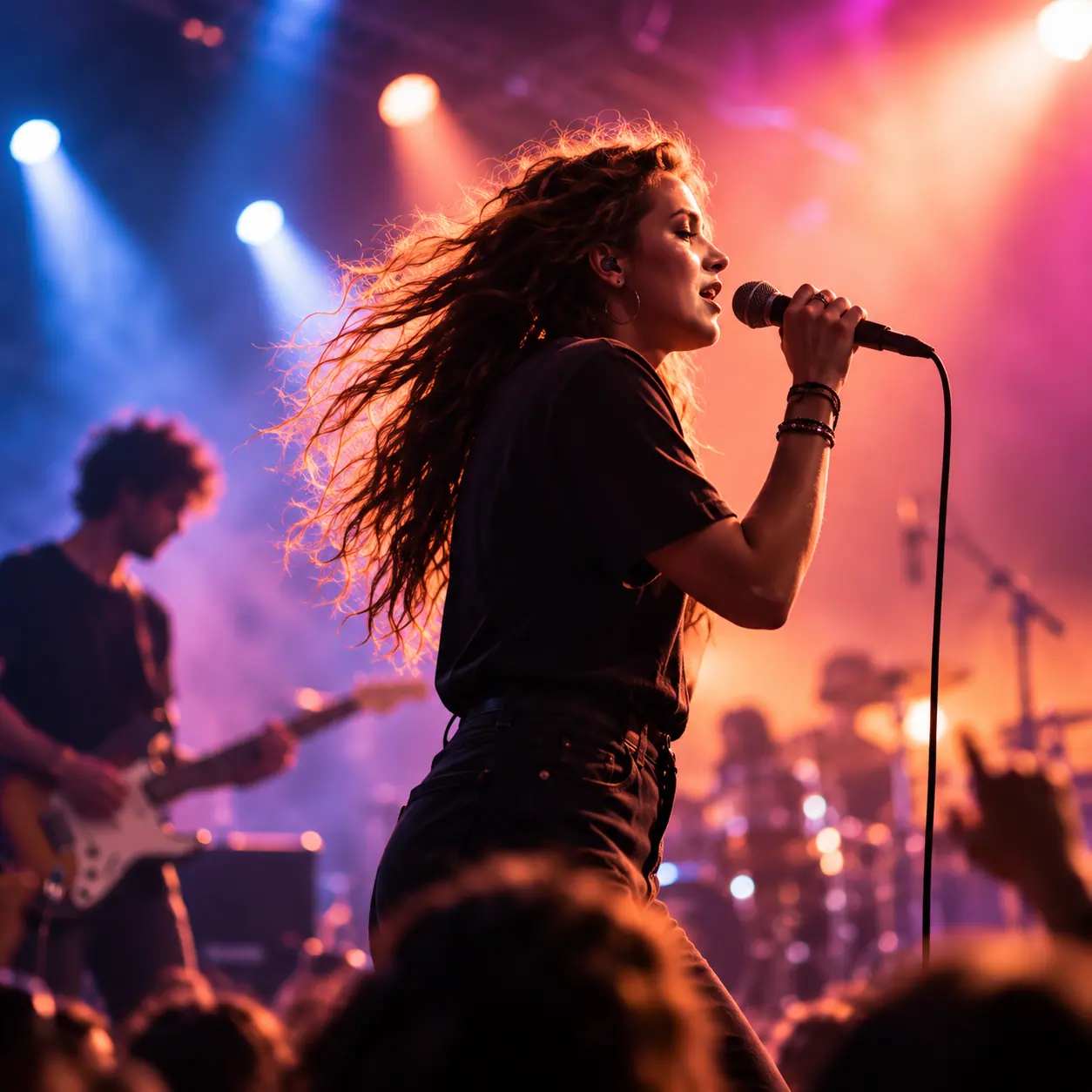 Une chanteuse au micro sur scène, sous les projecteurs, face au public.