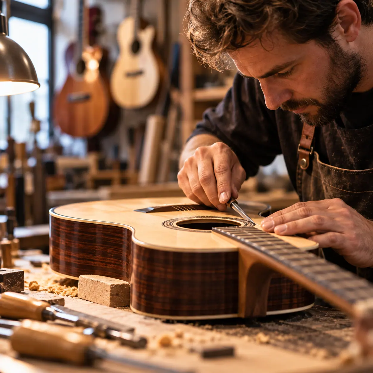 Un luthier ajuste une guitare acoustique sur son établi.