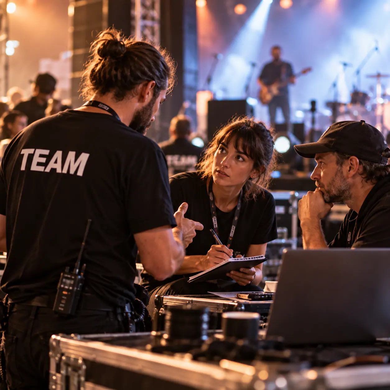 Une équipe technique échange en régie pendant un concert, carnet et ordinateur à la main.
