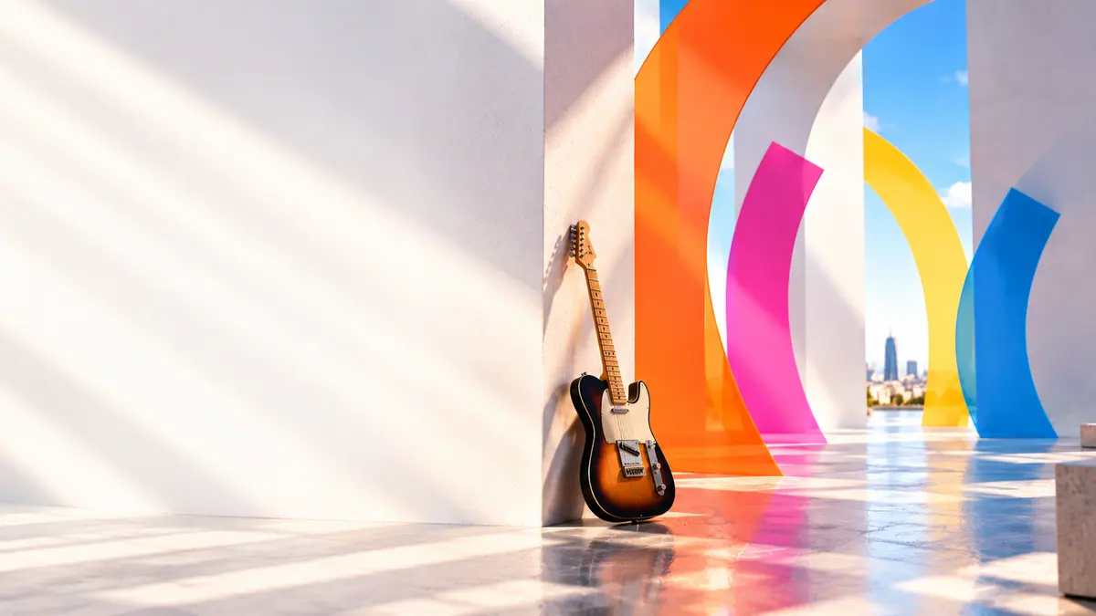 Une guitare électrique posée contre un mur blanc baigné de soleil, devant des arches colorées orange, rose, jaune et bleue.