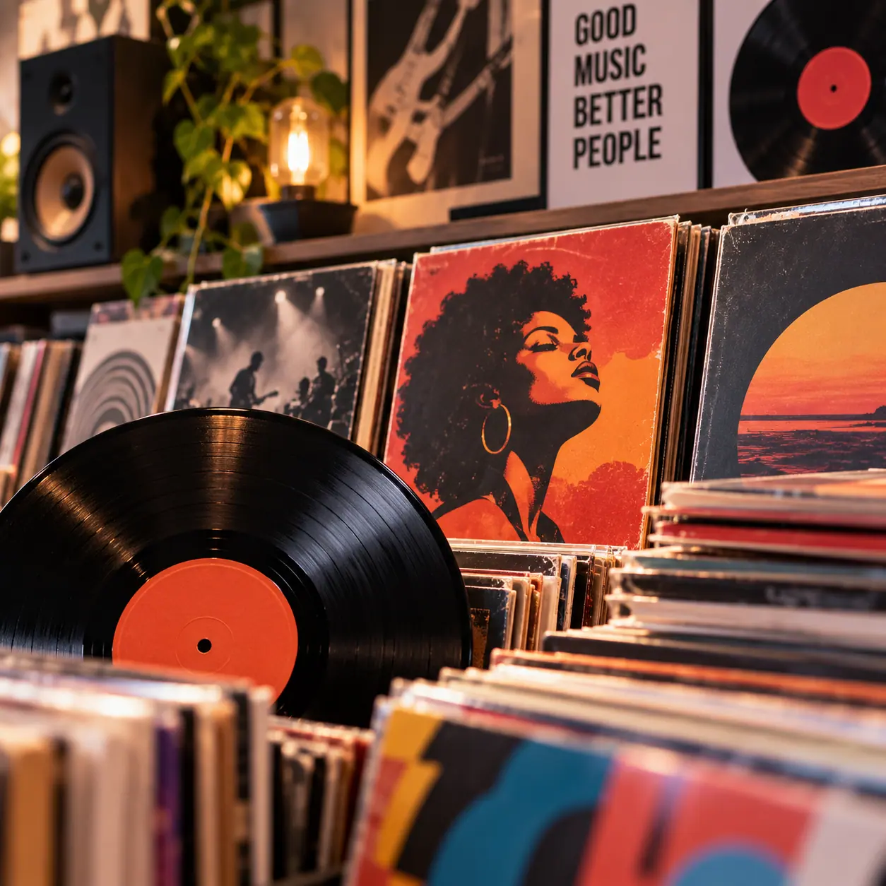 Des bacs de vinyles aux pochettes colorées.